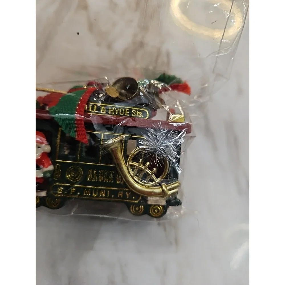 Vintage CABLE CAR Christmas Ornament Wood Powell & Hyde Red Green New